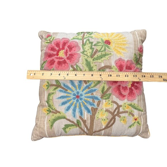 Pier 1 Floral Embroidered Floral Throw Pillow Square Beige Yellow Pink Blue 12" - Picture 5 of 5
